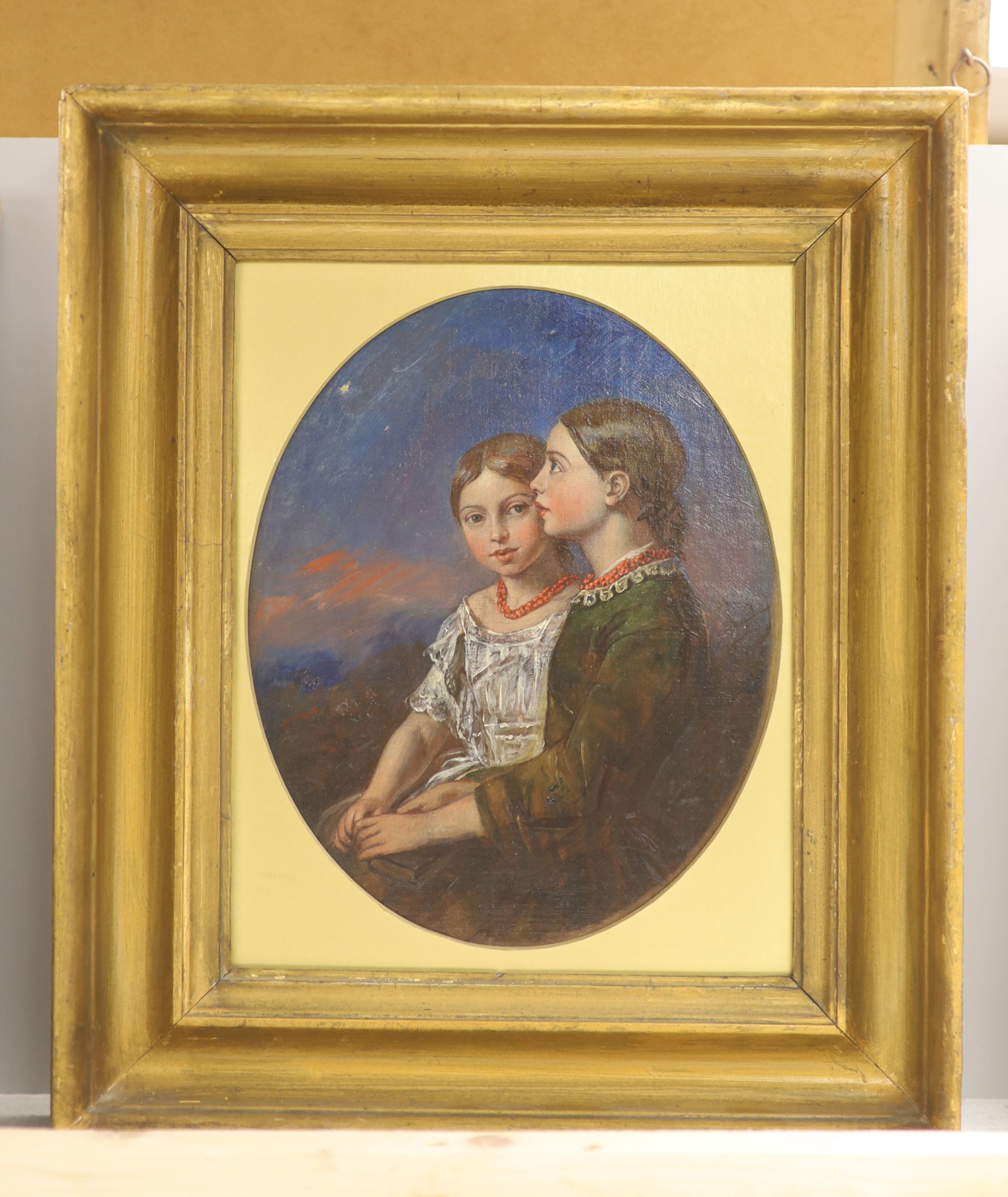 Victorian School, oil on canvas, Portrait of two sisters with night sky beyond, oval, 22 x 18cm